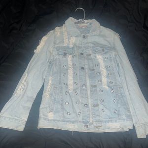 36 point 5 LIGHT BLUE DENIM DISTRESSED JEAN JACKET! Size small.